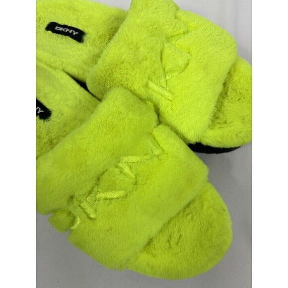 DKNY Faux Fur Platform Slides Citron Flourscent Yellow 8.5 Flatforms - Picture 8 of 9
